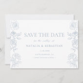 Moderne Rose in Blau und Weiß Save The Date (Vorderseite)