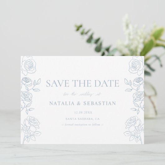 Moderne Rose in Blau und Weiß Save The Date (Stehend Vorderseite)
