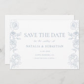 Moderne Rose in Blau und Weiß Save The Date (Vorne/Hinten)