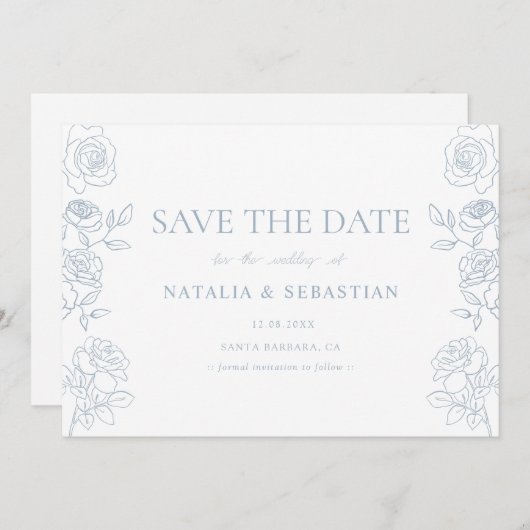 Moderne Rose in Blau und Weiß Save The Date (Vorne/Hinten)