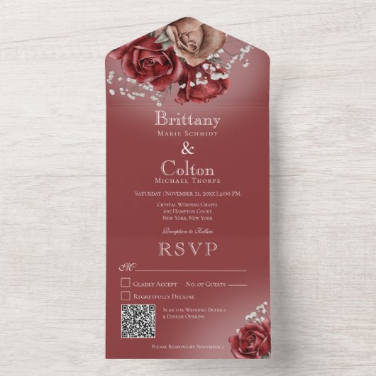 Moderne Rose mit rotem und braunem QR All In One Einladung (Innen Boden)