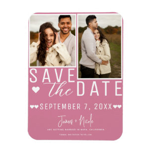 Moderne Rose Pink Save-the-Date 2-Foto-Hochzeit  Magnet