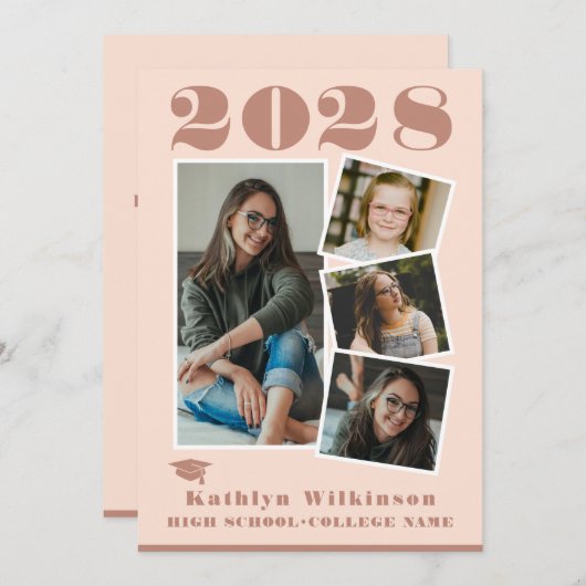 Moderne Rose Pink Script 4 Foto Collage Abschluss Ankündigung (Vorne/Hinten)