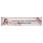 Moderne Rose Rosa Blush Marmor Steinmuster Foto Namensplakette (Vorderseite)