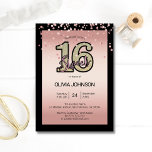Moderne Rose Rosa Glitzer Sparkle 16 . Geburtstag  Einladung<br><div class="desc">Moderne Imitate Rose Gold Folie 16 . Geburtstag 16 Geburtstagsparty Einladungen für diesen besonderen Teenager. Schwarzer Hintergrund mit rosa Rose. Personalisieren Sie diese durch Hinzufügen von Namen- und Party-Informationen.</div>