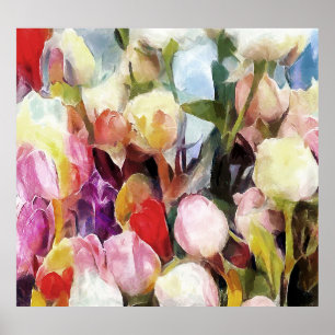 Moderne Rose Tulips Bouquet: Abstrakte Ölmalerei Poster