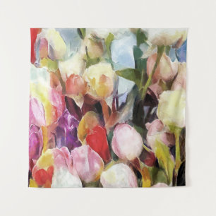 Moderne Rose Tulips Bouquet: Abstrakte Ölmalerei Wandteppich