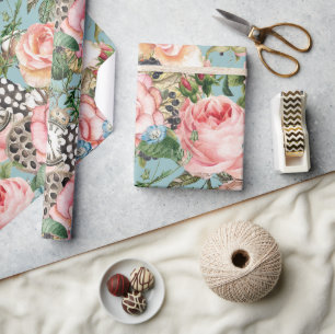 Moderne Rose und Uhrenmuster blau Geschenkpapier