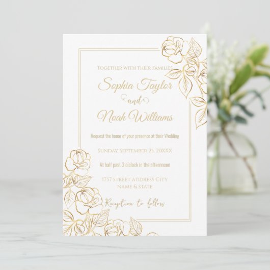 Moderne Rose Weiß und Gold Minimal Einladung (Stehend Vorderseite)