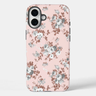 Moderne rosé weiße Rosen-Gold-Glitter-Blume iPhone 16 Plus Hülle