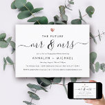 Moderne Rose Zukunft Mr. and Mrs Engagement Party Einladung<br><div class="desc">Diese minimale Einladung glänzt durch ihre Einfachheit. Eine schöne Schrift mit Schnörkeln lautet "The Future Mr. and Mrs." neben Ihren persönlichen Feierlichkeiten Details in der modernen Typografie. Oben sitzt ein zartes Imitat Rose goldenes Herz.</div>