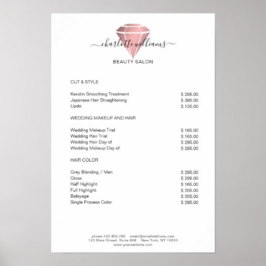 Moderne Rosegold Diamond Preisliste Poster (Vorne)