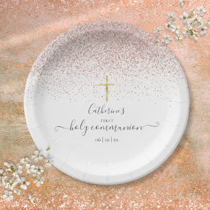 Moderne Roségold Glitter Erste heilige Kommunion Pappteller
