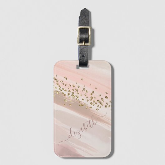 Moderne Roségold Glitter Schrift Name Gepäckanhänger (Vorderseite Vertikal)
