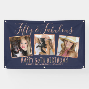 Moderne Roségold-Navy-Fotocollage 50. Geburtstag Banner