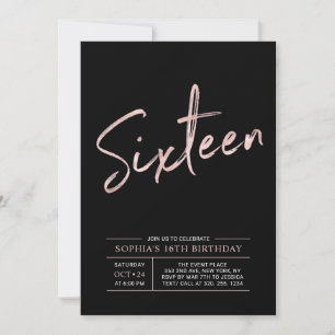 Moderne Roségold- und schwarze Sweet-16-Geburtstag Einladung