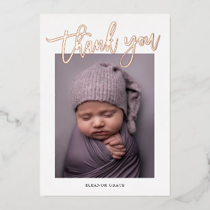 Moderne Rosen-Gold Schrift Foto Baby Danke Folieneinladung