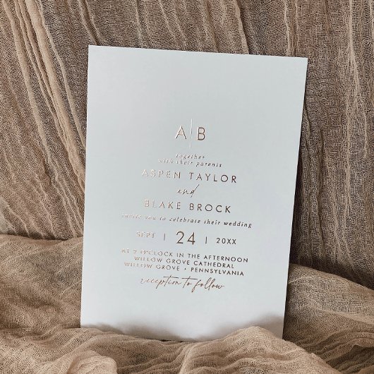 Moderne Rosen-Goldfolie Schrift Monogramm Hochzeit Folieneinladung