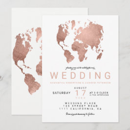 Moderne Rosengoldchic-Weltkartenhochzeit Einladung