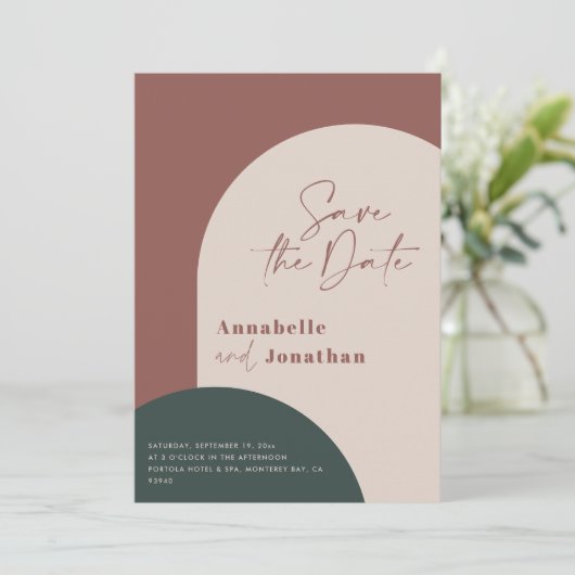 Moderne Rostgrün Save the Date Einladung (Stehend Vorderseite)