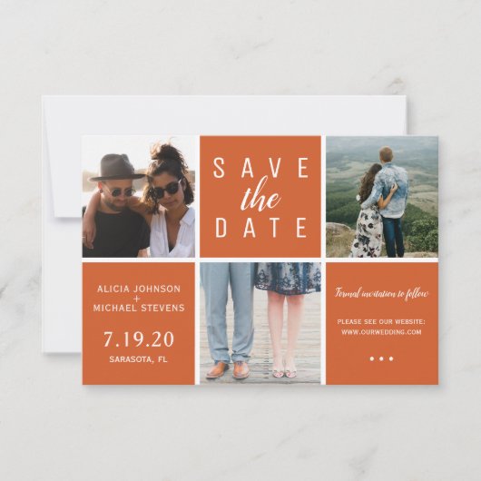 Moderne rostige Orange schlichte 3-Foto-Collage Save The Date (Vorderseite)