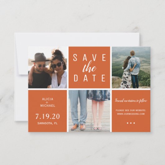 Moderne rostige Orange schlichte 3-Foto-Collage Save The Date (Vorderseite)