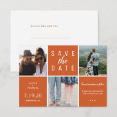 Moderne rostige Orange schlichte 3-Foto-Collage Save The Date (Vorne/Hinten)