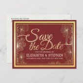 Moderne Rot-Gold-Blumenrahmen-Hochzeit retten das Ankündigungspostkarte (Vorne/Hinten)