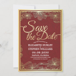 Moderne Rot-Gold-Blumenrahmen-Hochzeit retten das Save The Date