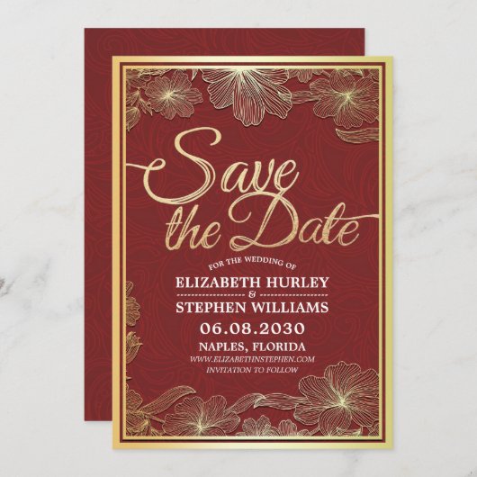 Moderne Rot-Gold-Blumenrahmen-Hochzeit retten das Save The Date (Vorne/Hinten)