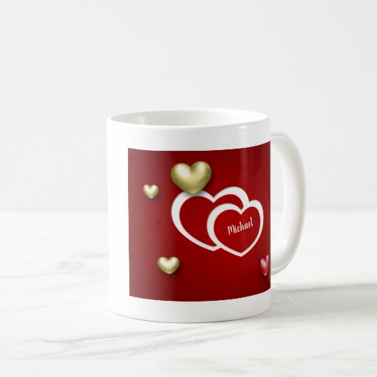 Moderne Rot-Gold-Valentinstag-Herzen Kaffeetasse (VorderseiteRechts)