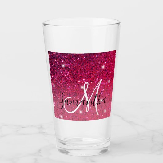 Moderne Rot-Rosa-Glitzer-Glitzern Name Glas (Vorderseite)