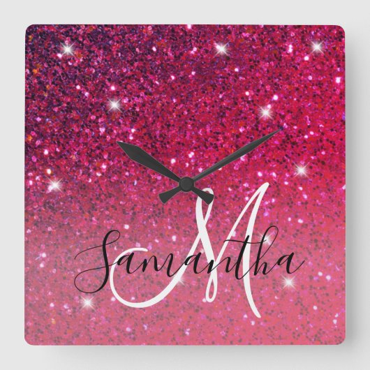 Moderne Rot-Rosa-Glitzer-Glitzern Name Quadratische Wanduhr (Vorderseite)