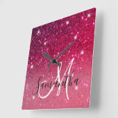 Moderne Rot-Rosa-Glitzer-Glitzern Name Quadratische Wanduhr (Winkel)