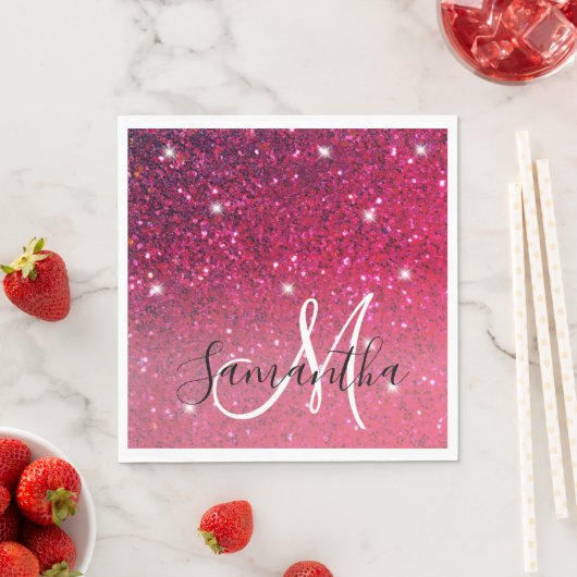 Moderne Rot-Rosa-Glitzer-Glitzern Name Serviette (Beispiel)