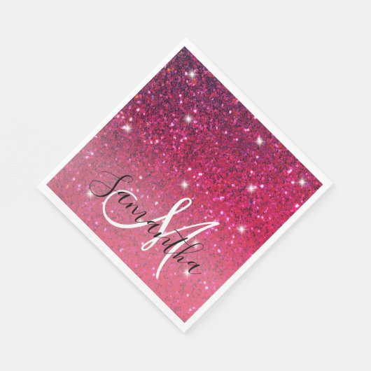 Moderne Rot-Rosa-Glitzer-Glitzern Name Serviette (Ecke)