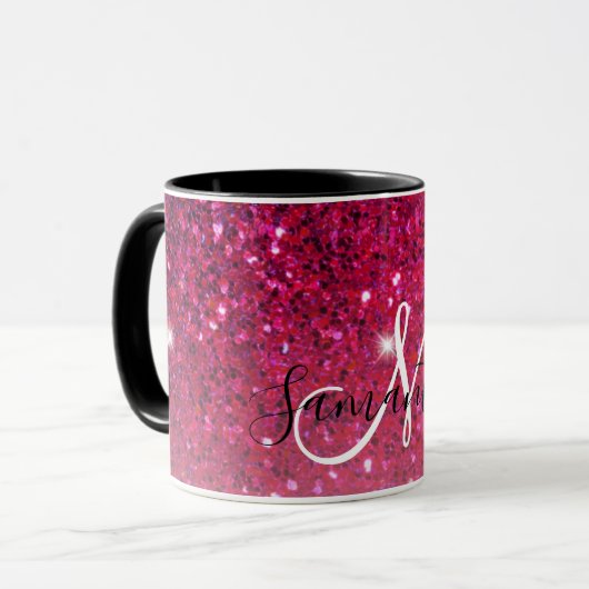 Moderne Rot-Rosa-Glitzer-Glitzern Name Tasse (Vorderseite Links)
