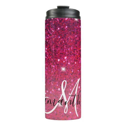 Moderne Rot-Rosa-Glitzer-Glitzern Name Thermosbecher (Vorderseite)