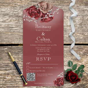 Moderne Rot- und Braune Rosen QR-Code All In One Einladung