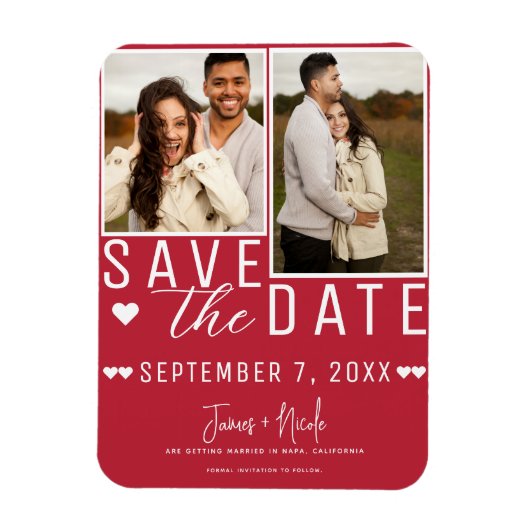 Moderne Rot & Weiß Save the Date 2 Foto Hochzeit Magnet (Vertikal)