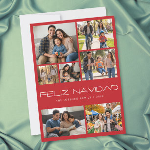 Moderne rote 7-Foto-Collage Feliz Navidad Feiertagskarte