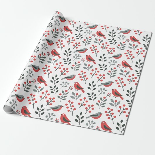 Moderne rote Beeren-Weihnachtsvogel Geschenkpapier (Ungerollt)