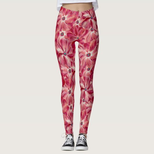 Moderne rote Blume Blumenmuster Leggings (Vorderseite)