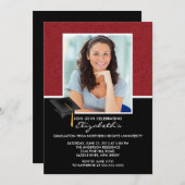 Moderne rote Damast-Abschluss-Party-Mitteilung Einladung (Vorne/Hinten)