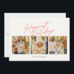 moderne, rote, einfache 4-Foto-Collage glücklich Feiertagskarte<br><div class="desc">moderne einfache 4 Foto Collage Skript glücklich Holiday Card. Diese elegante Karte enthält eine Foto-Collage von 3 Fotos auf der Vorderseite und 1 auf der Rückseite mit individuellem Text und Hintergrund.</div>