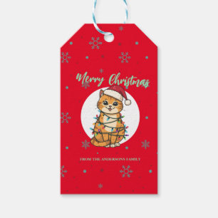 Moderne rote fröhliche Katze Schneeflocke Weihnach Geschenkanhänger