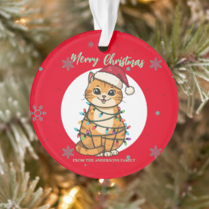 Moderne rote fröhliche Katze Schneeflocke Weihnach Ornament