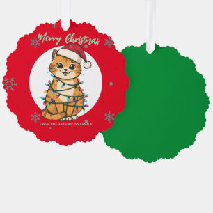 Moderne rote fröhliche Katze Schneeflocke Weihnach Ornament Karte