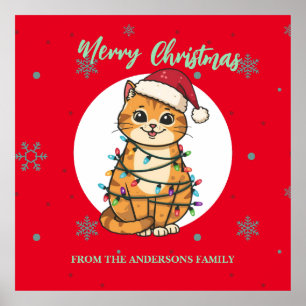 Moderne rote fröhliche Katze Schneeflocke Weihnach Poster