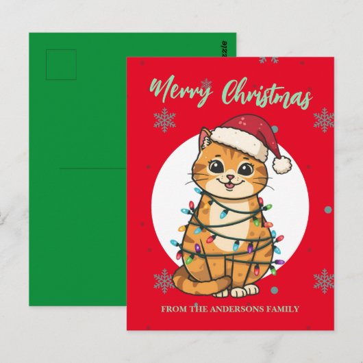 Moderne rote fröhliche Katzen-Schneeflocke Weihnac Postkarte (Vorne/Hinten)